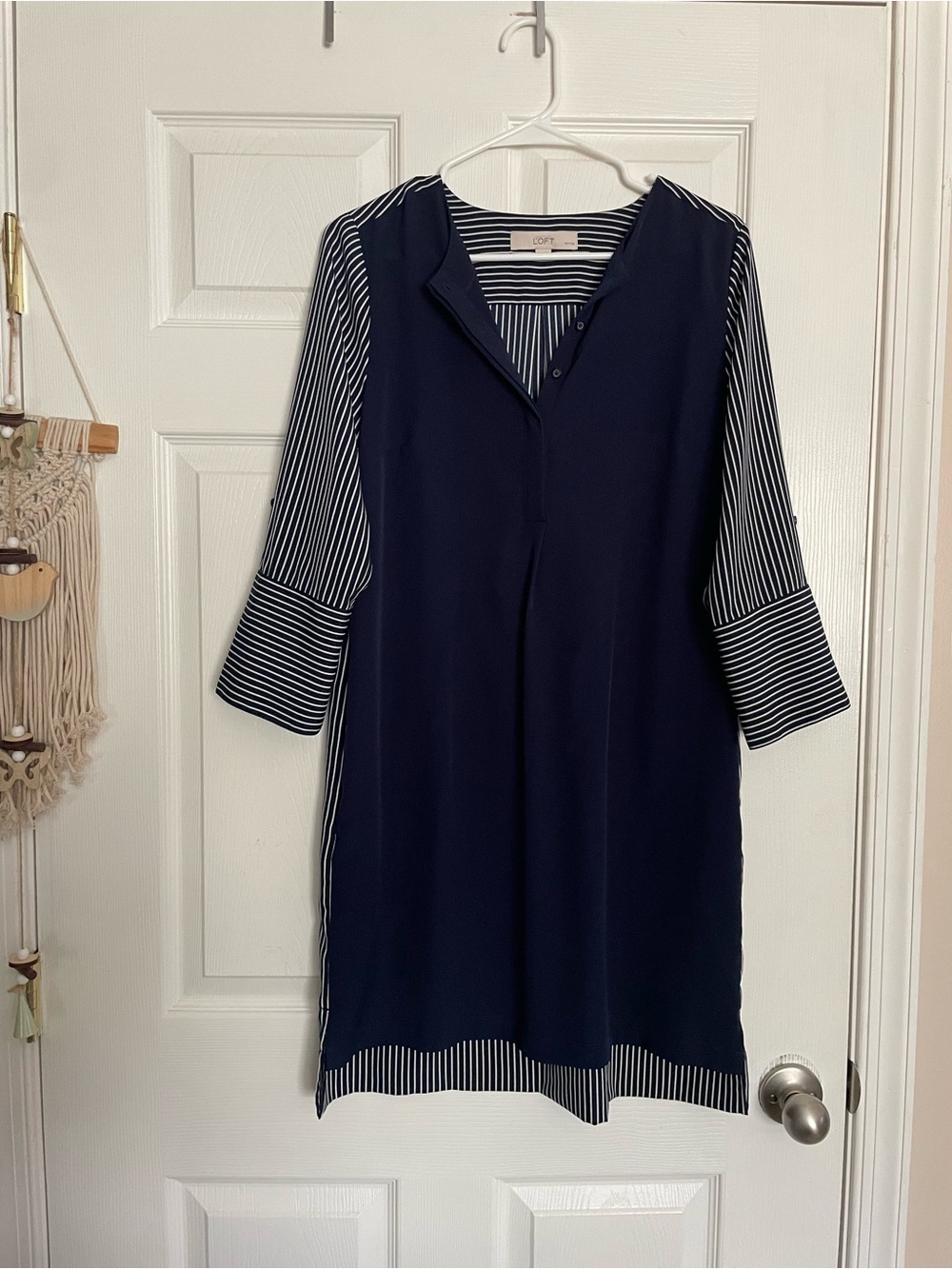 LOFT Women’s size Medium Petite Striped Sleeve Navy Tunic Dress 3/4 sleeves